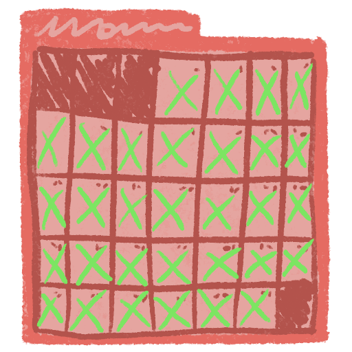 a stylized red calendar with a green cross over every day